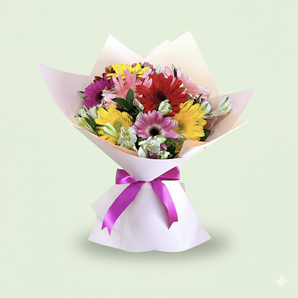 Ramo de 12 gerberas coloridas con astromelia