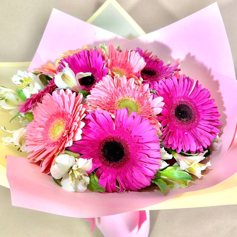 Ramo de 12 gerberas fucsia y rosita con astromelia