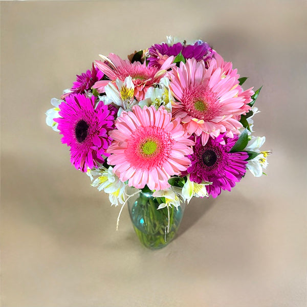 Arreglo de 12 gerberas rosas y fucsia con astromelia