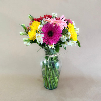 Arreglo de 12 gerberas coloridas con astromelia