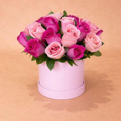 Caja 24 rosas fucsias y rosas